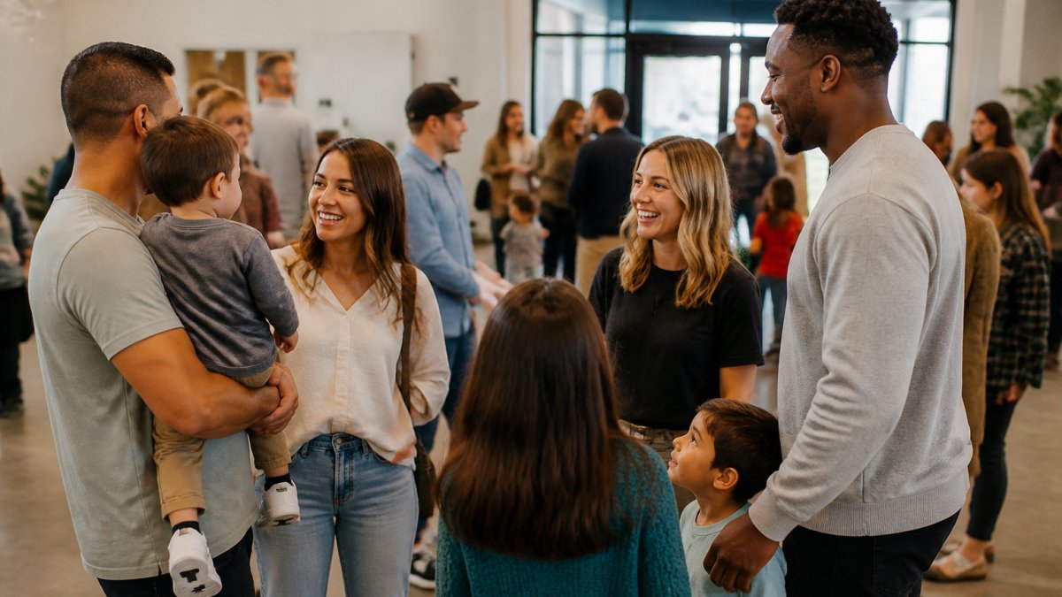 Diverse families smiling and connecting in a community space at one of the churches in Denver for families