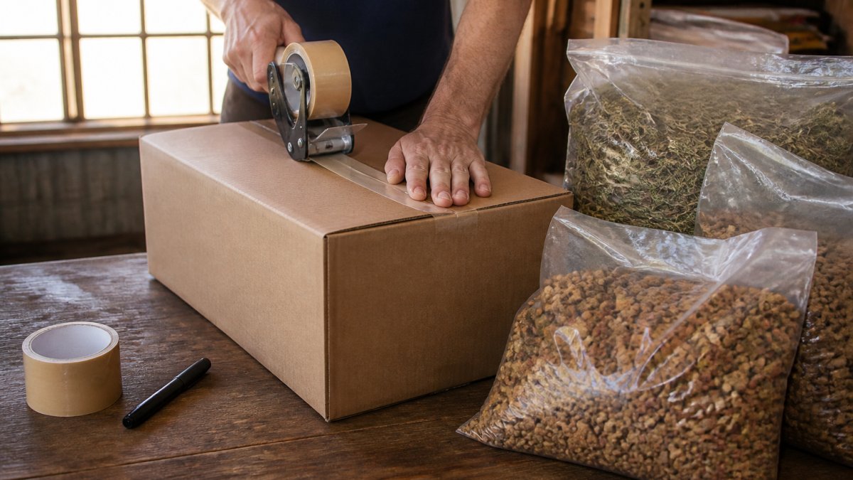 Hands sealing a sturdy cardboard box packed with bags of pet food on a wooden workbench