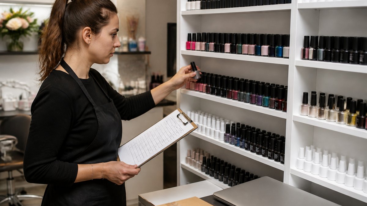 Nail technician checking gel polish inventory on a clipboard in a salon