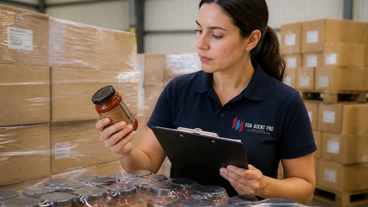 A regulatory affairs specialist at a foreign food manufacturer inspecting a printed product label against a checklist on a clipboard, with shipping cartons stacked in the background of a warehouse