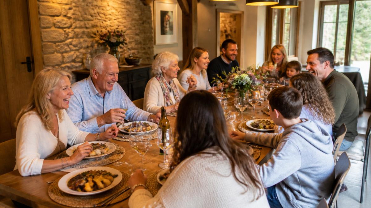 Infographic showing how a large holiday home spacious dining area facilitates family gatherings