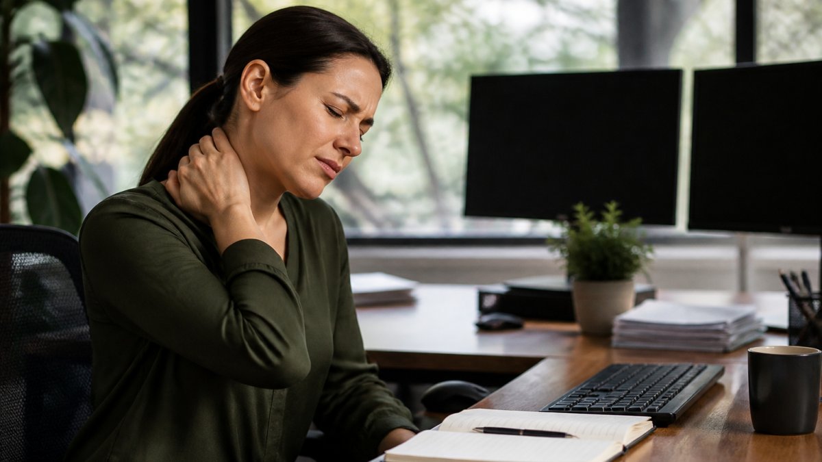 Office worker at desk experiencing neck tension, hand on neck, looking strained from screen time with multiple monitors visible