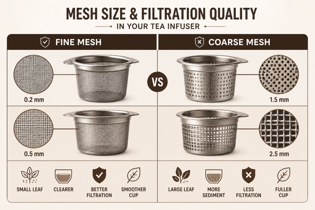 Close-up of various mesh basket infuser designs showing different hole sizes and mesh densities, comparing fine stainless steel mesh against coarser alternatives, with natural light highlighting the texture details