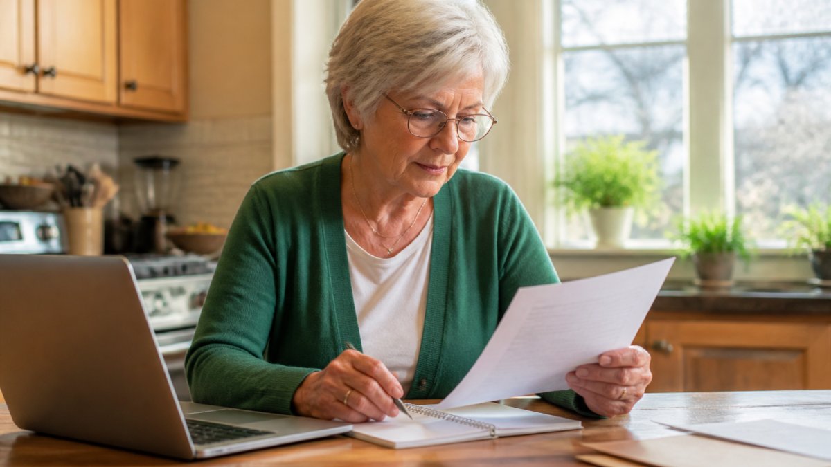 Woman reviewing final expense insurance paperwork on a laptop at a kitchen table to check eligibility.