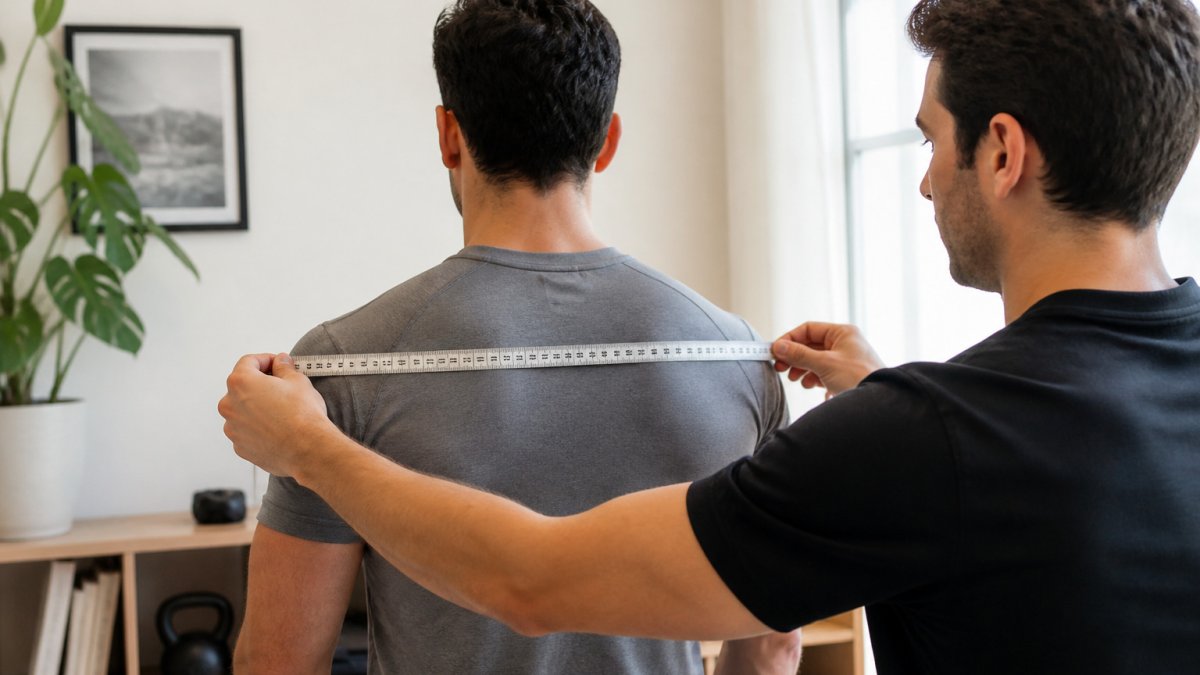 A person using a soft measuring tape to check shoulder width on a man wearing a grey t-shirt