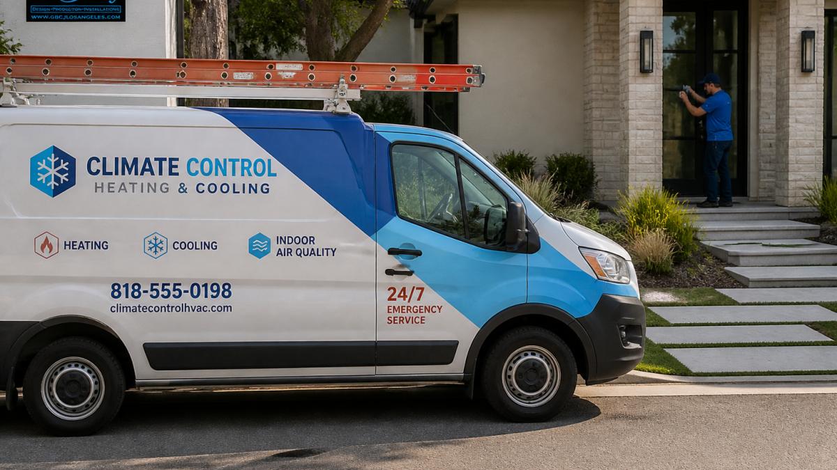 Professional service van with partial wrap displaying company logo, contact information, and service details clearly visible on side panels, parked at residential job site