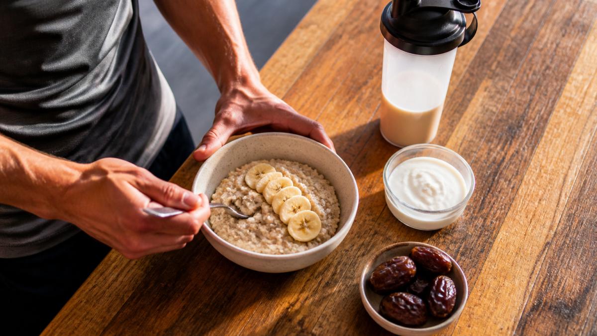 Oatmeal with banana, Greek yogurt, and dates on a wooden counter