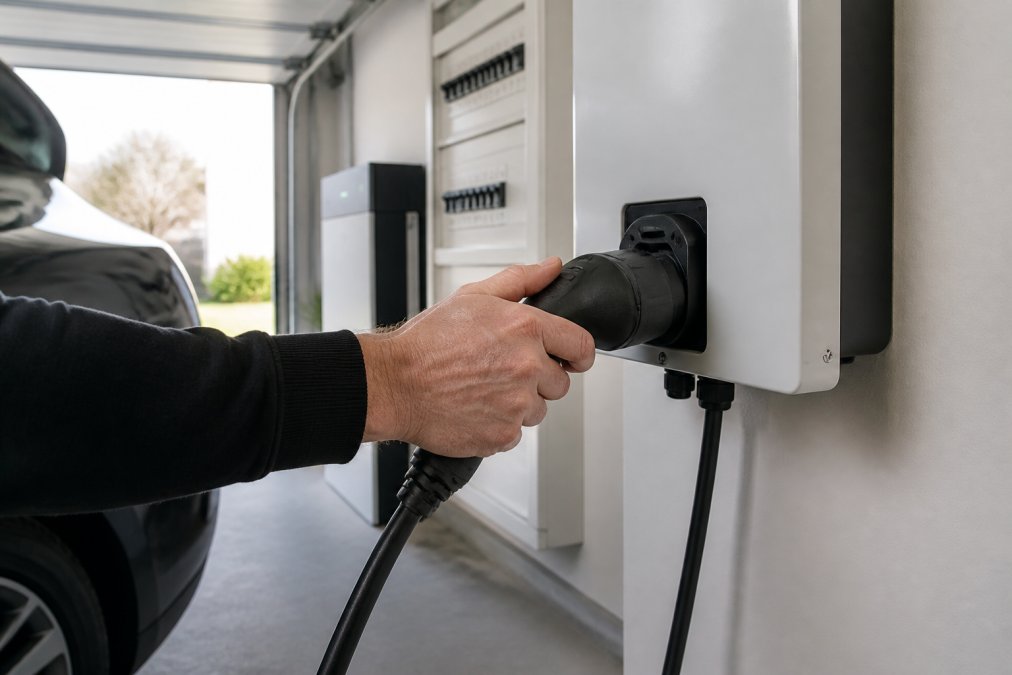 Close-up of a homeowner's hand connecting a rugged Type 2 cable from an electric car to a wall-mounted power converter unit in a modern Danish garage, with a backup battery and household electrical panel visible in the background