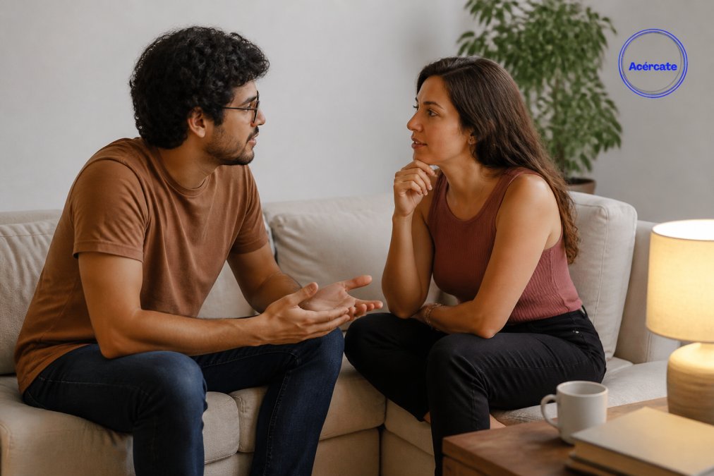 Pareja joven sentada frente a frente en un sofá, conversando con expresiones relajadas y abiertas, en un ambiente cálido y privado de hogar