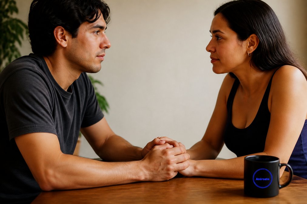 Manos de pareja tomadas sobre una mesa, mostrando conexión y confianza durante una conversación íntima