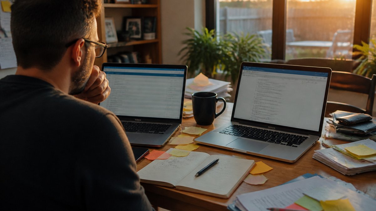 Founder comparing business blueprint software dashboards on dual screens amidst a cluttered workspace