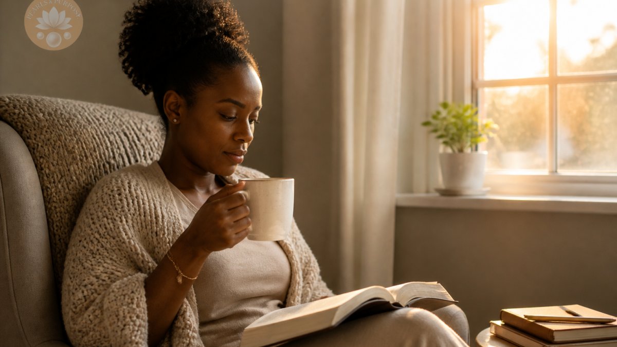 A mom enjoys coffee and free online devotions for moms during a quiet, sunlit morning moment at home.