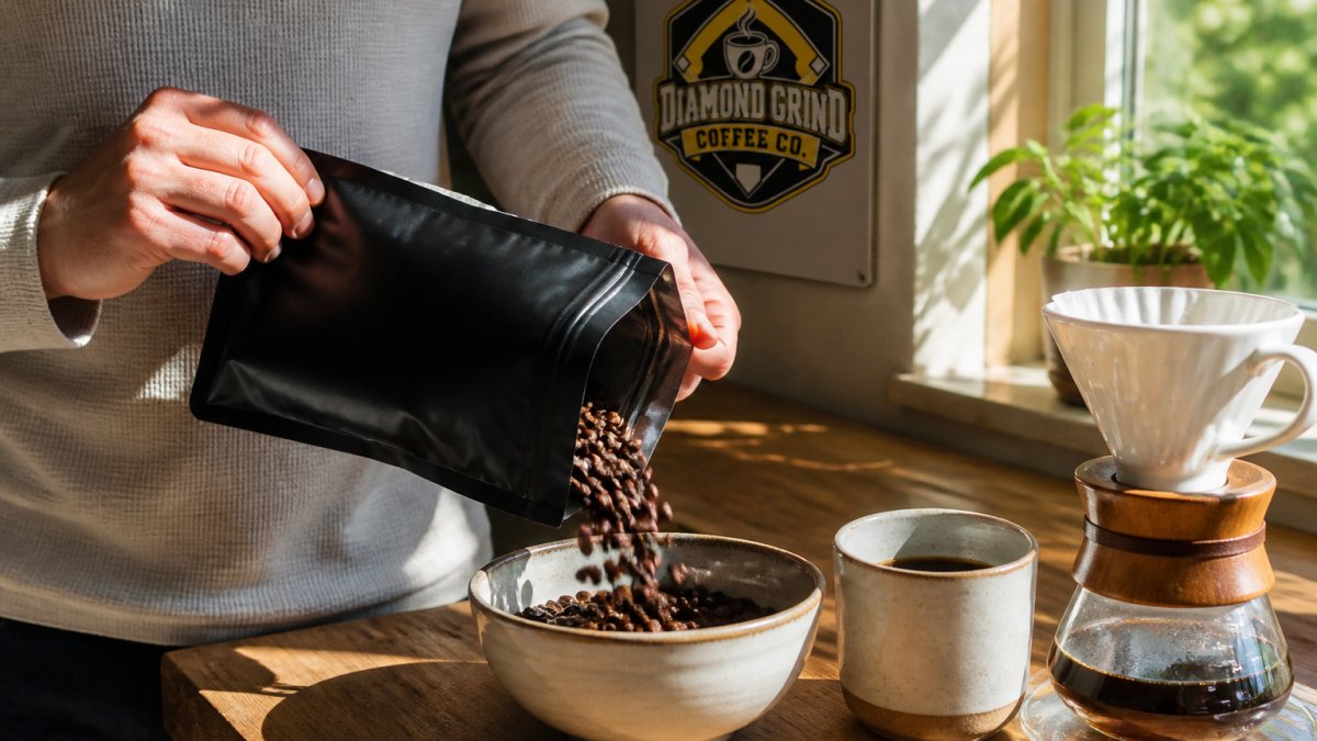 A person opening a coffee bag at a kitchen counter, whole beans spilling into a bowl next to a mug and a pour-over dripper, morning light through a window