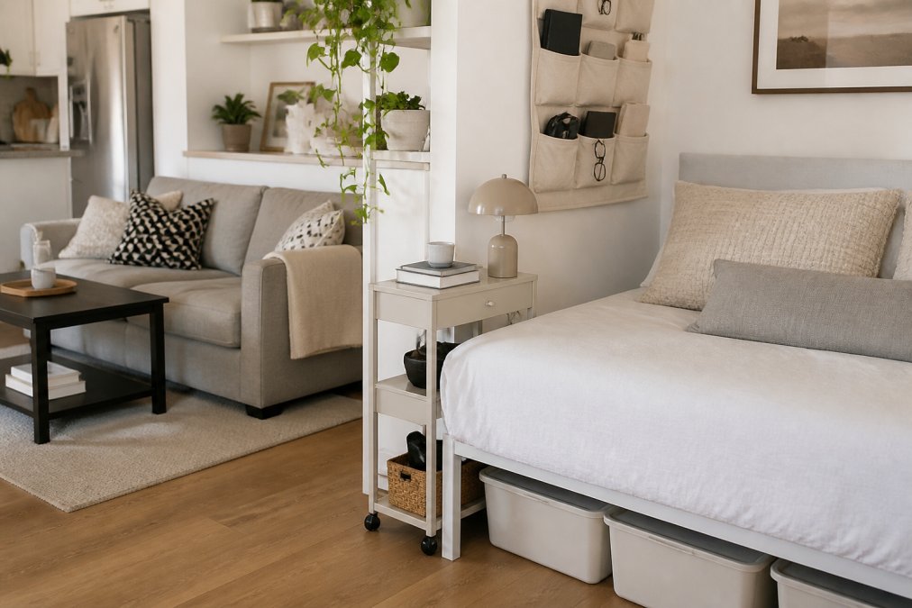 Compact studio apartment featuring modern storage solutions, a narrow bedside table with rolling wheels, under-bed storage bins, and wall-mounted organizers creating visual interest while maximizing usable space