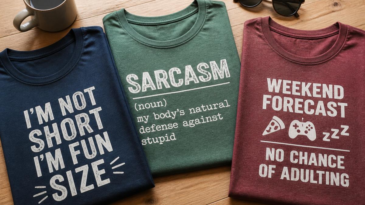 A flat lay of three folded funny graphic tees in different colors on a light wood table, with a coffee mug and sunglasses nearby, showing bold printed slogans and a relaxed weekend vibe