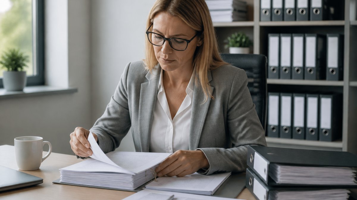 Compliance officer reviewing printed GDPR documentation at a desk with a laptop, coffee, and organized file folders nearby