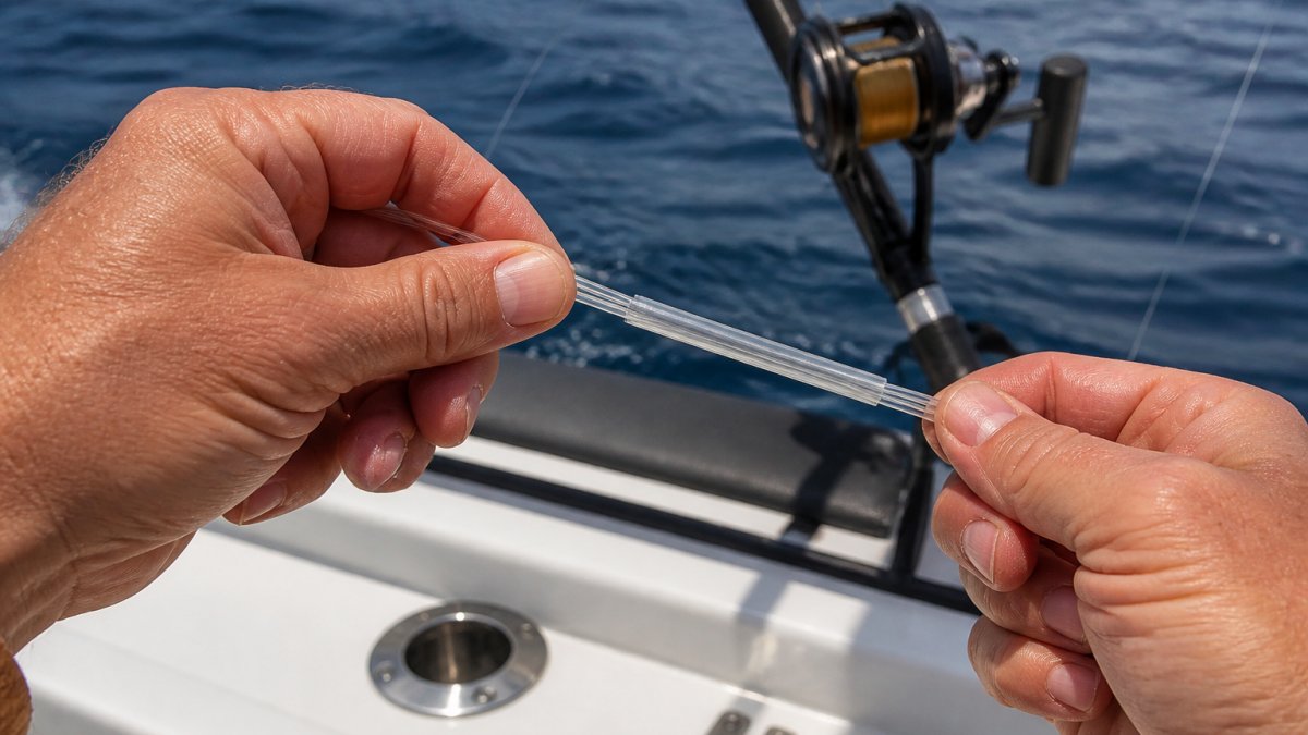 Angler sliding protective clear tubing over a heavy monofilament fishing leader on a boat deck