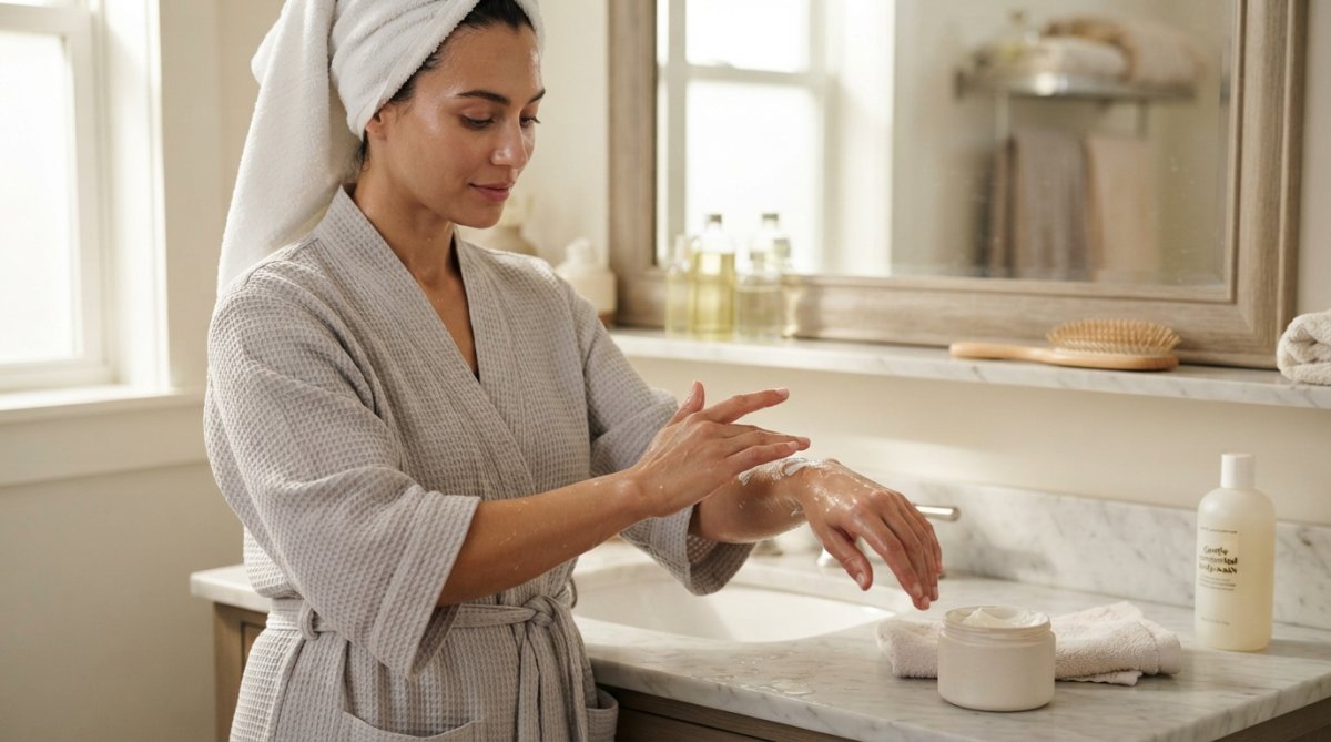 Woman with damp skin applying moisturizer to her arm immediately after shower, demonstrating proper hydration technique with natural lighting emphasizing the moisture on her skin