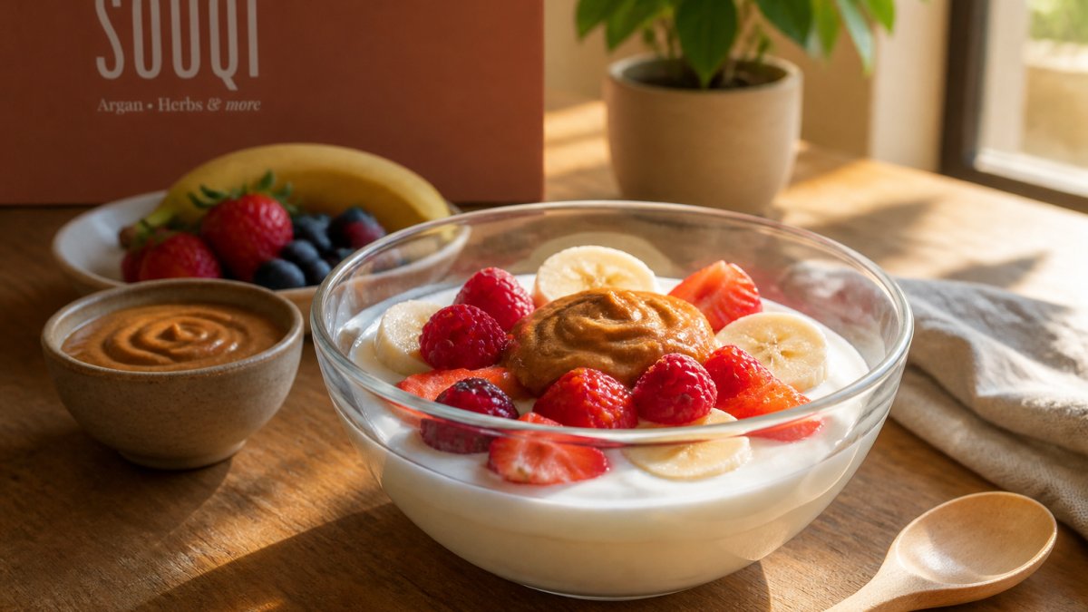 Glazen kom met witte yoghurt, vers gesneden fruit (rode bessen, bananenschijfjes), en een lepel amlou er mooi bovenop, op een houten tafel met warm ochtendlicht