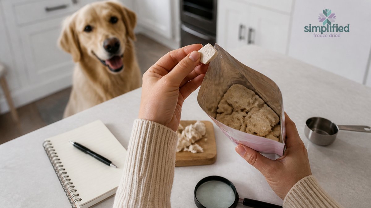 Close-up of a person's hands holding a small freeze-dried dog treat next to a treat bag on a kitchen counter, with a dog waiting in the background