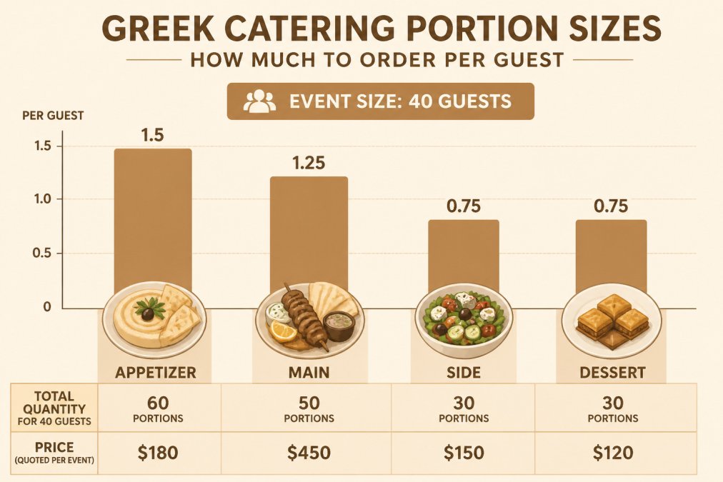 Bar chart detailing recommended portion sizes per guest for Greek catering across four food categories.