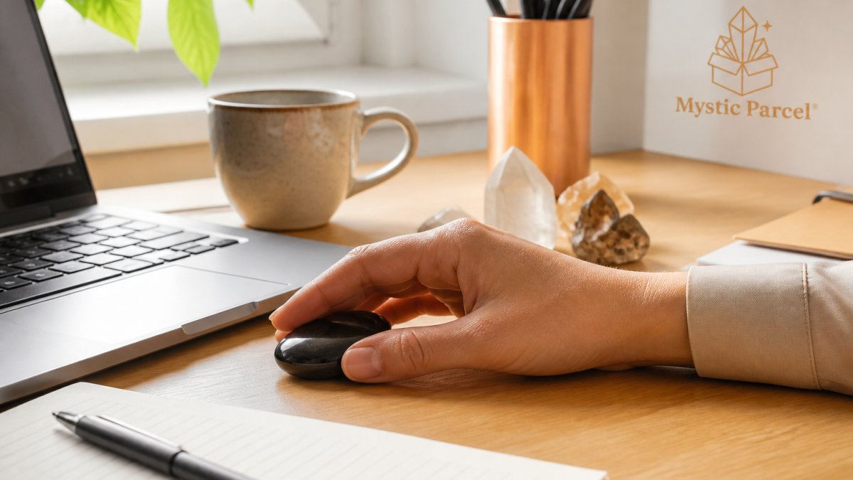 Hand resting on a polished black palm stone beside a laptop and notebook on an office desk.