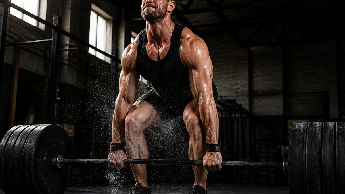 Muscular man in a black tank top performing a heavy deadlift in a dimly lit industrial gym with chalk dust