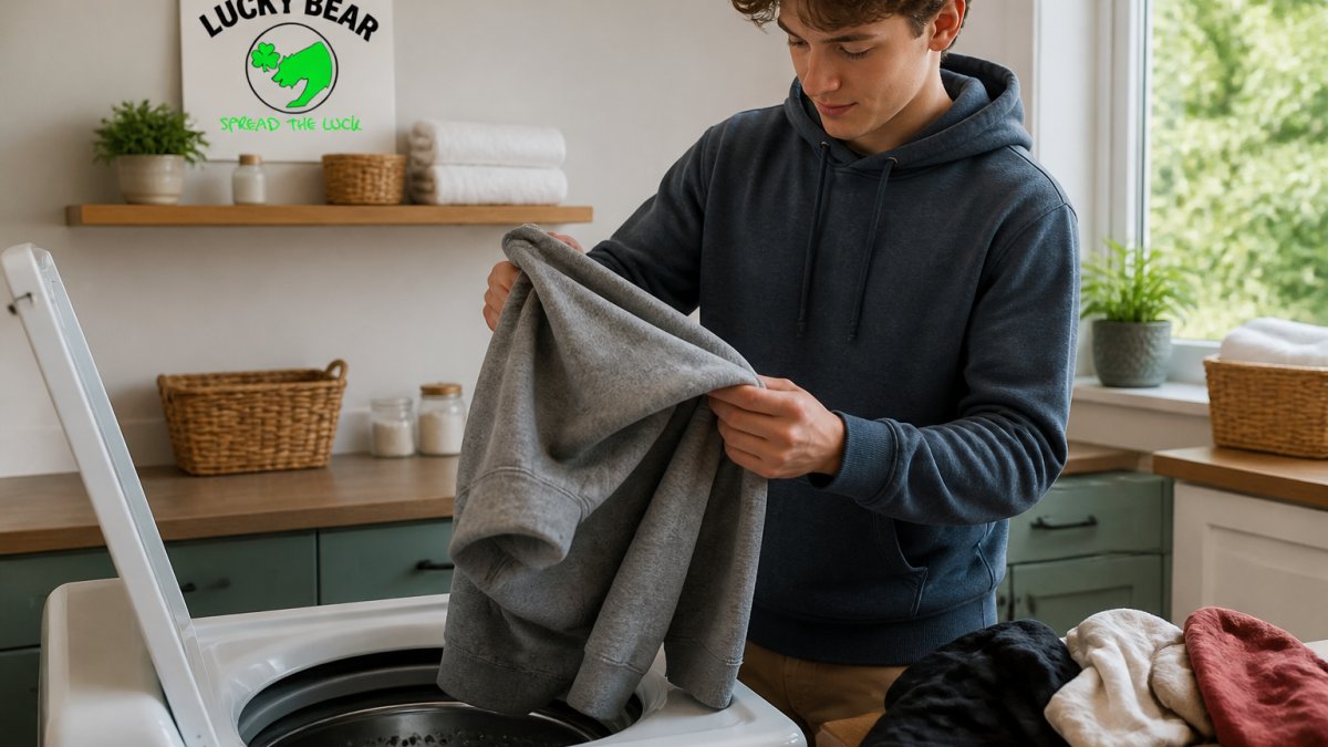 A young person in a casual hoodie turning the garment inside out over an open washing machine in a bright home laundry room, with a small pile of separate laundry nearby