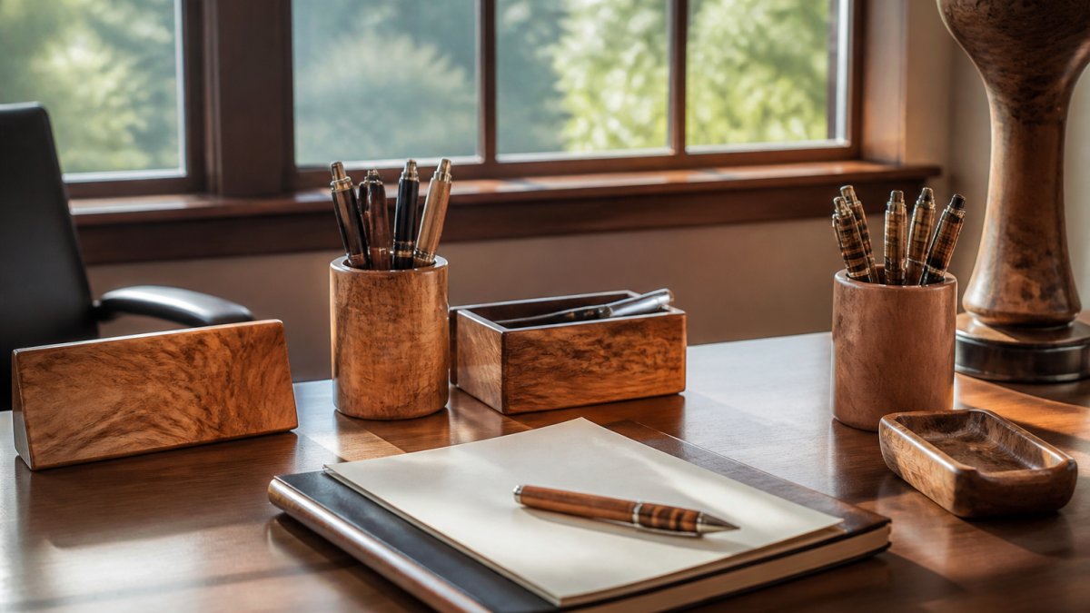 Handcrafted wooden desk organizers and a nameplate arranged neatly on a sunlit home office workspace