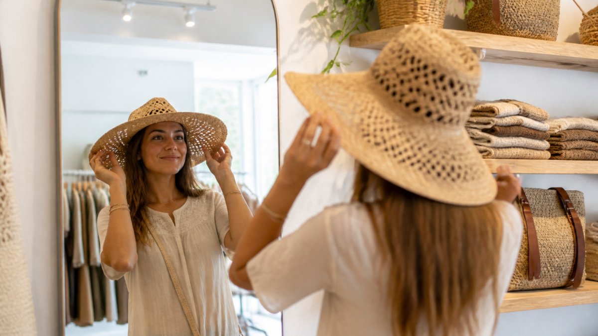 Woman trying on a handwoven wide-brim palm hat in a bright boutique with artisanal accessories on display