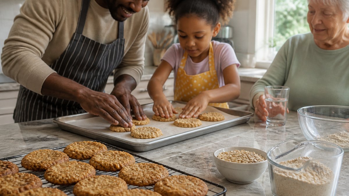 A home kitchen counter with a wire cooling rack of golden oat cookies, a small bowl of rolled oats, and a measuring cup of whole-wheat pastry flour; a Black father and his young daughter in a bright apron press dough balls onto a parchment-lined sheet pan, with a white grandmother nearby pouring a glass of water, warm natural window light, lifelike textures