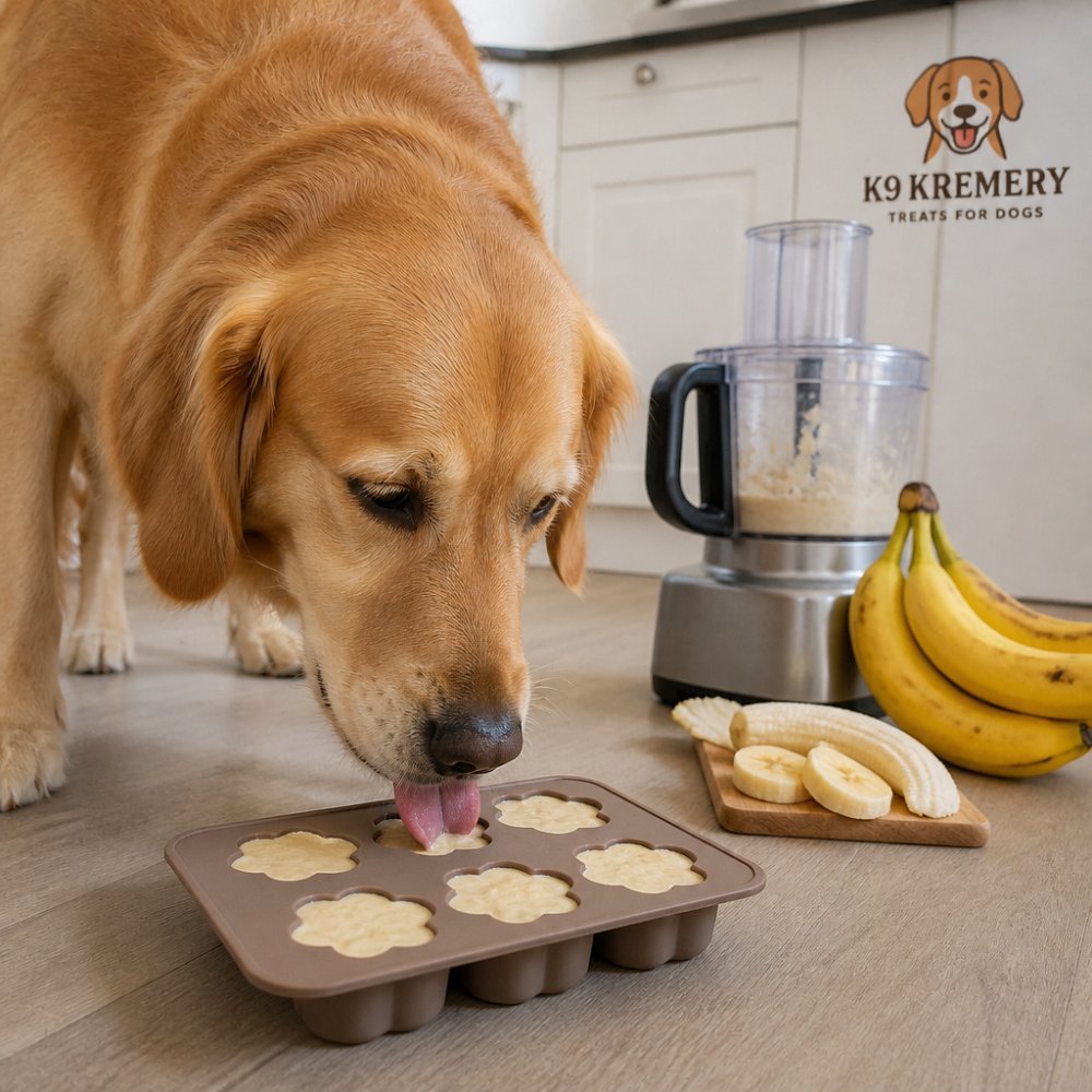 A golden retriever happily licking homemade dog ice cream from a silicone mold on a kitchen floor.
