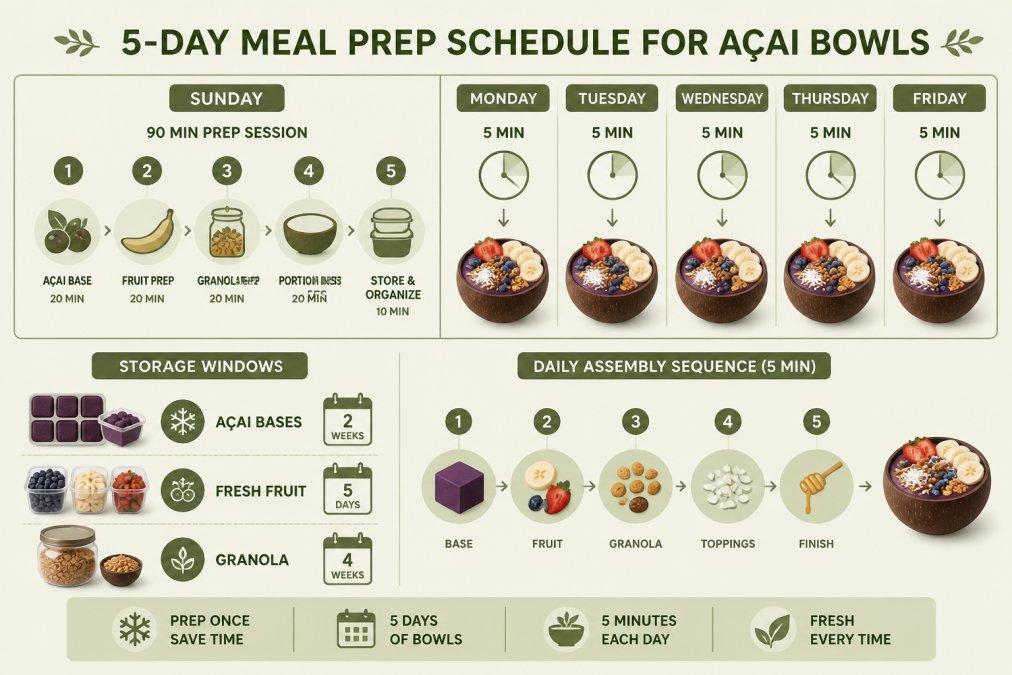 Infographic timeline detailing a 5-day meal prep acai bowls schedule with assembly and storage instructions.