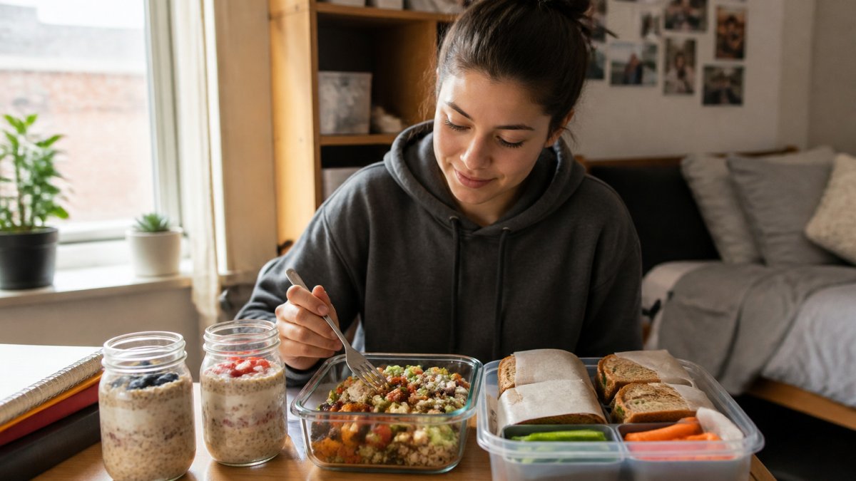 Infographic showing breakfast, lunch, and dinner meal prep steps with oats, grain bowls, and sandwiches.