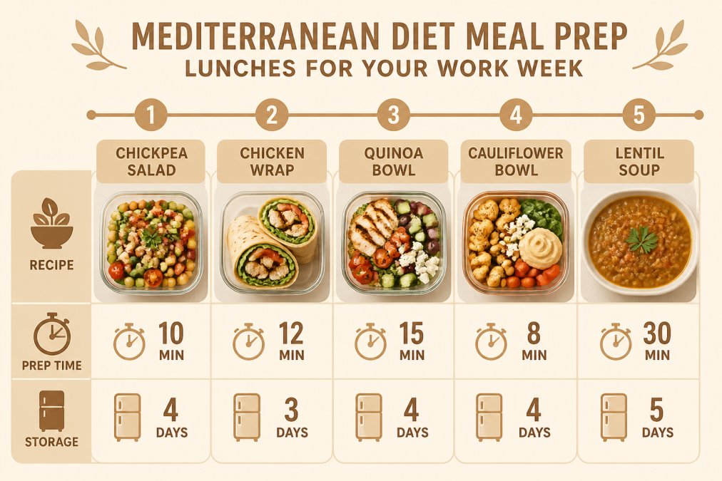 Weekly meal prep timeline showing 5 Mediterranean lunch recipes with prep times: Chickpea Salad (10 min prep, 4 days storage), Chicken Wrap (12 min prep, 3 days storage), Quinoa Bowl (15 min prep, 4 days storage), Cauliflower Bowl (8 min prep, 4 days storage), Lentil Soup (30 min prep, 5 days storage)