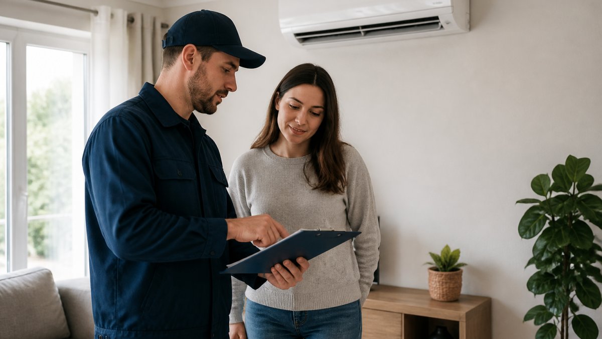 A homeowner and an HVAC technician in work clothes reviewing a wall-mounted ductless mini-split unit inside a bright living room, clipboard with paperwork in hand