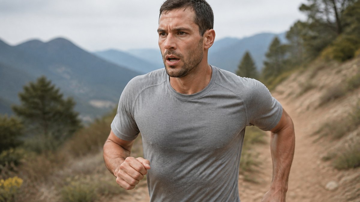 Athlete wearing a fitted short-sleeve technical tee during an outdoor trail workout in natural daylight