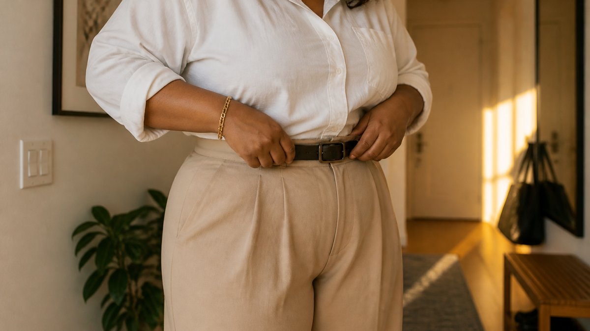 Plus-size woman in a white button-down shirt and wide-leg high-waisted trousers standing in a bright hallway