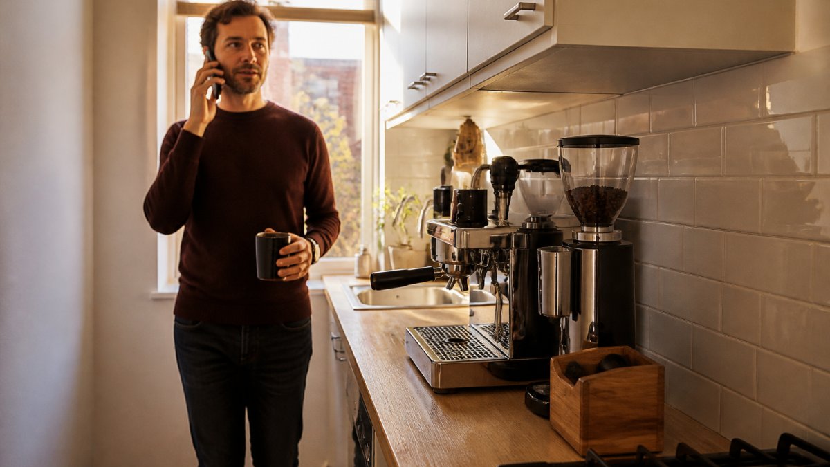 Compact espresso machine and grinder arranged on a narrow kitchen counter by a sunlit tiled wall