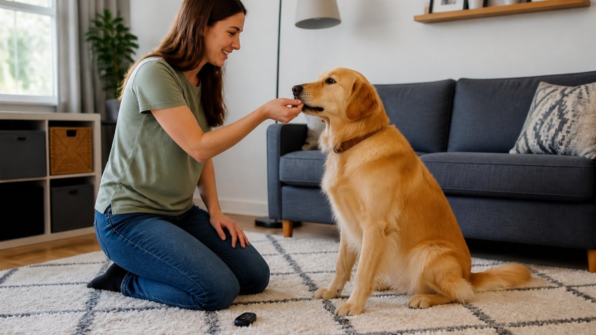 A dog owner kneeling on a living room rug, rewarding a sitting golden retriever with a small treat while a training clicker rests nearby
