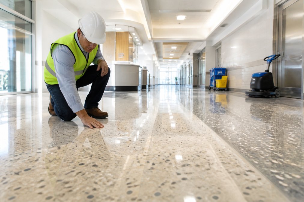 A facility manager in a hard hat and safety vest inspecting a large, glossy epoxy terrazzo floor inside a modern hospital corridor, with cleaning equipment visible in the background