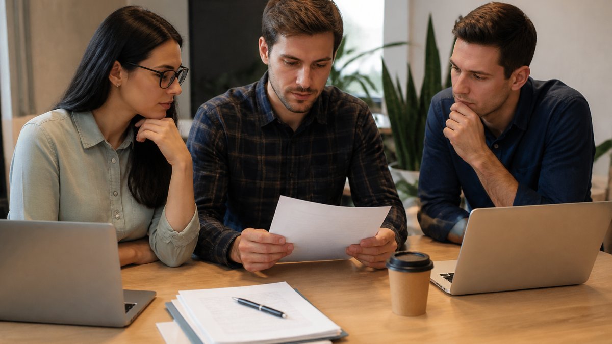 Startup team reviewing a printed security policy document together at a bright office desk