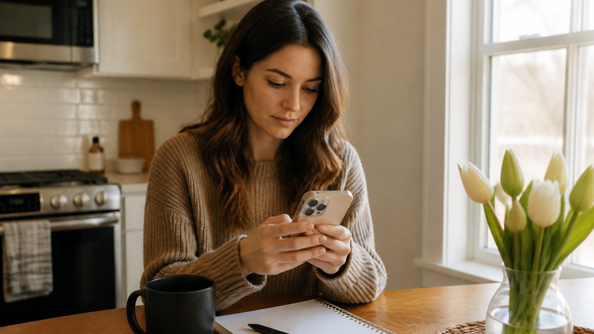 Woman sitting at a kitchen table in soft morning light, holding a smartphone and typing a reply to an Instagram Story, coffee cup and notebook beside her