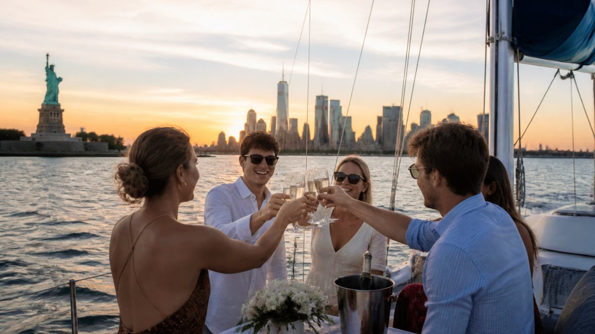 Small group of friends toasting with champagne on the deck of a private sailboat at sunset, with the Manhattan skyline glowing in the background and the Statue of Liberty visible across the water