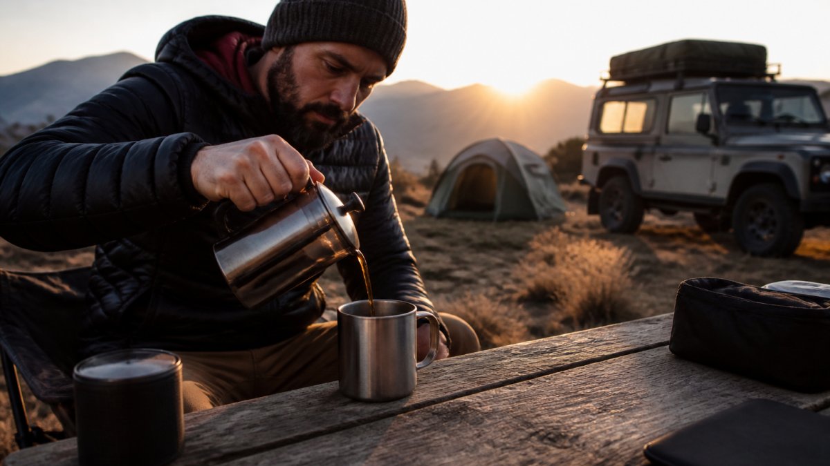 Step-by-step infographic showing how to brew Iron Spur coffee at a campsite for the perfect overlanding morning.