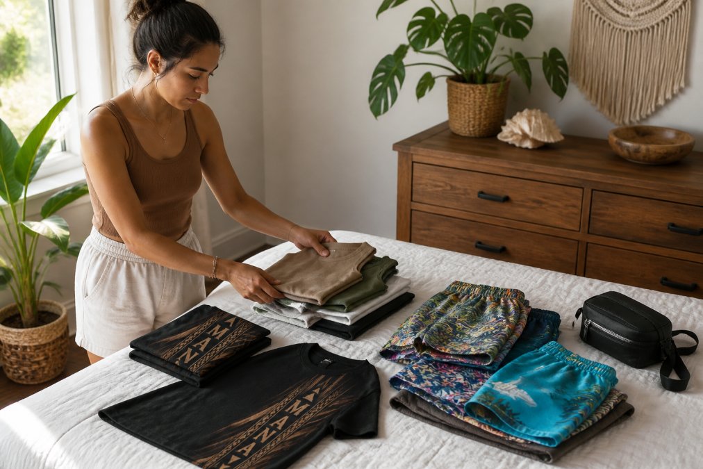 Woman arranging folded island-inspired apparel items on a bed, organizing ringspun cotton tank tops, colorful swim shorts, and premium nylon chest bags by color and type, natural window lighting