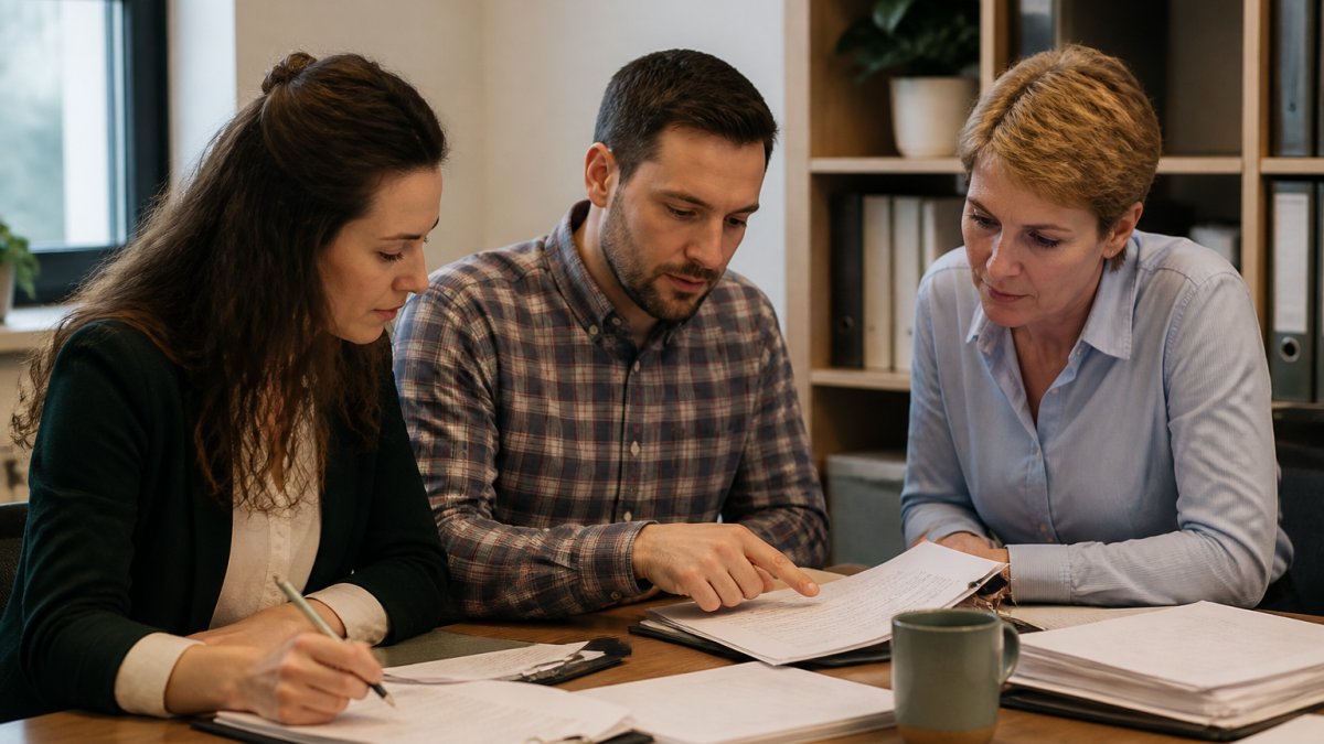 Three colleagues reviewing a digital document and checklist in an office