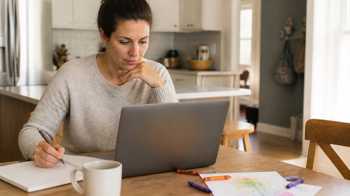 A mom working on an online course dashboard, illustrating the Kajabi vs ClickFunnels struggle for beginners.
