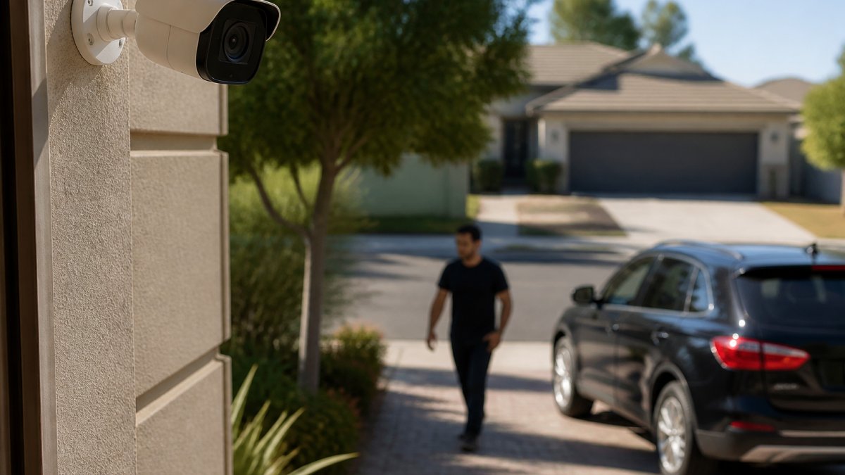 AI security cameras monitoring a driveway with a person and vehicle in daylight
