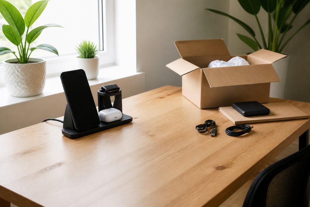 Clean, organized desk workspace with compact charging station, neatly arranged devices, minimal visible cables, plants, and natural lighting from window